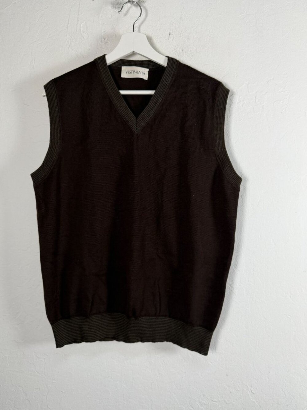 Vestimenta Mens Brown Wool Sweater Vest V-Neck Ribbed Trim Pullover Italy Made
